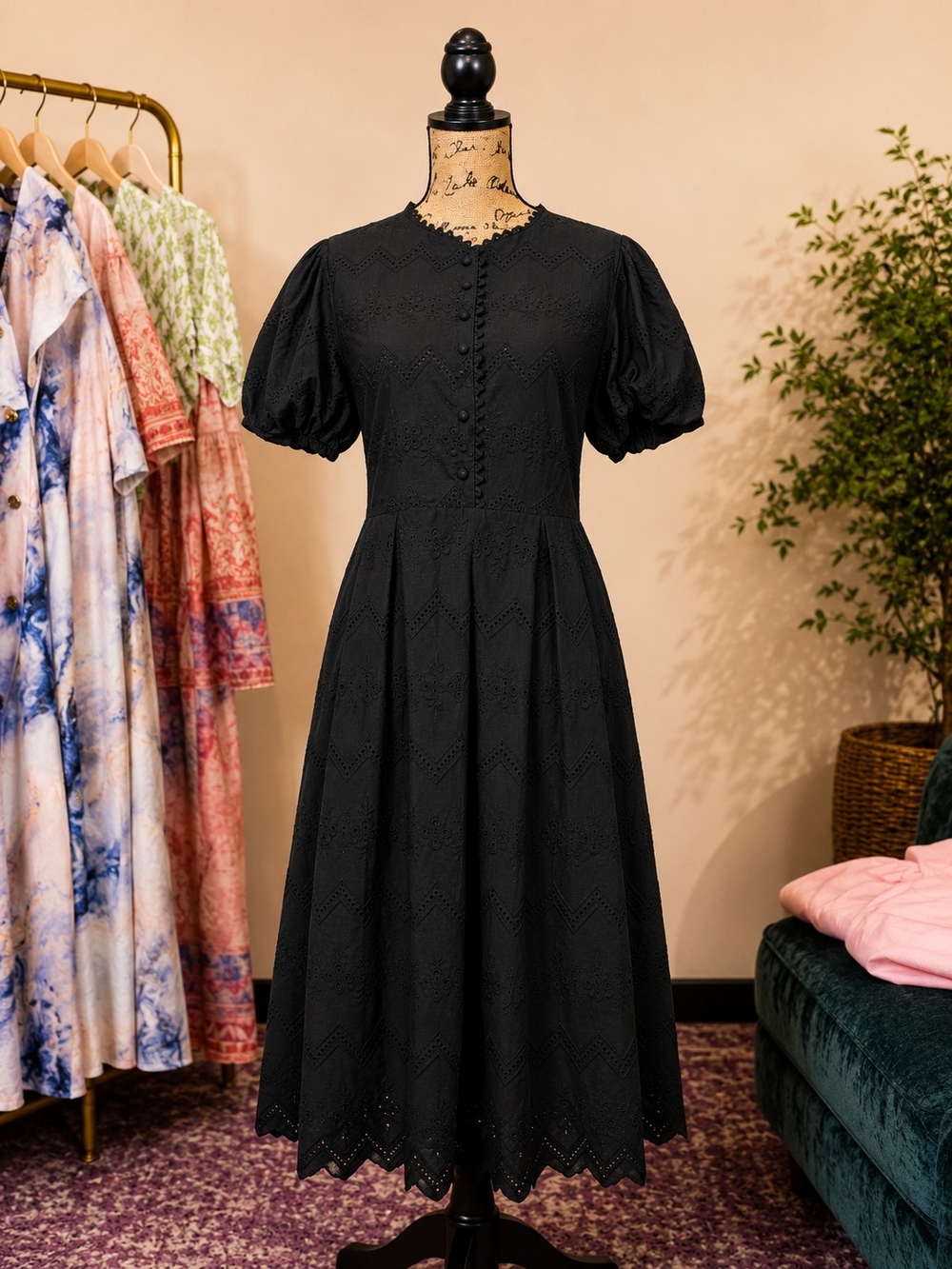 Black Puff-Sleeve Midi Dress - Classic Women's Dress